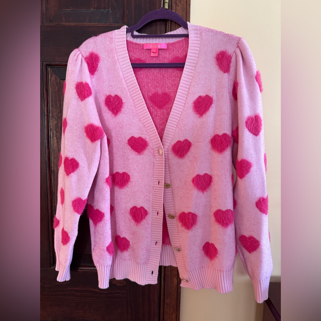 Euc Lilly Pulitzer Xl Keane Cardigan Mandevilla Hearts Sweater Pink Valentine’s